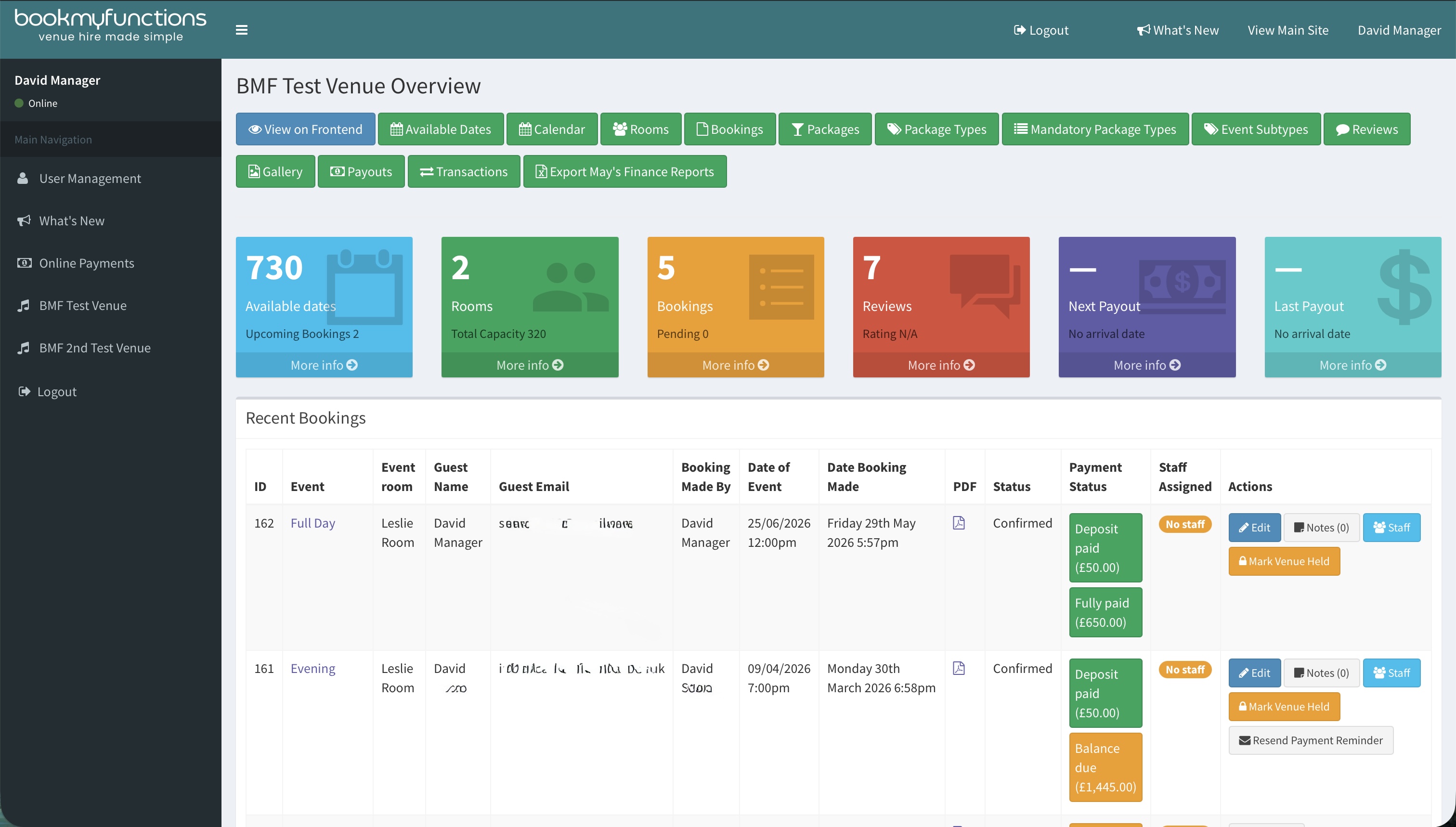 BookMyFunctions venue dashboard showing booking stats and recent bookings